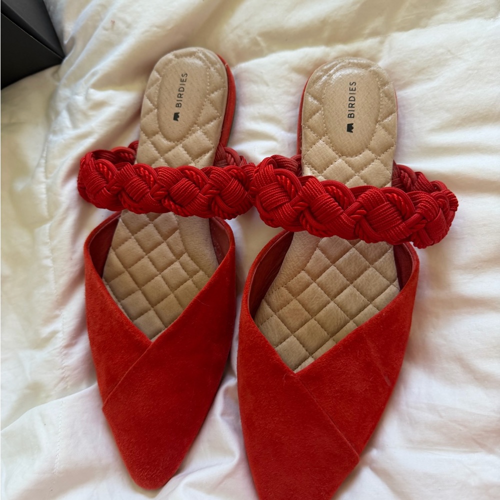 Birdies Red Braided Strap Pointed Toe Flats